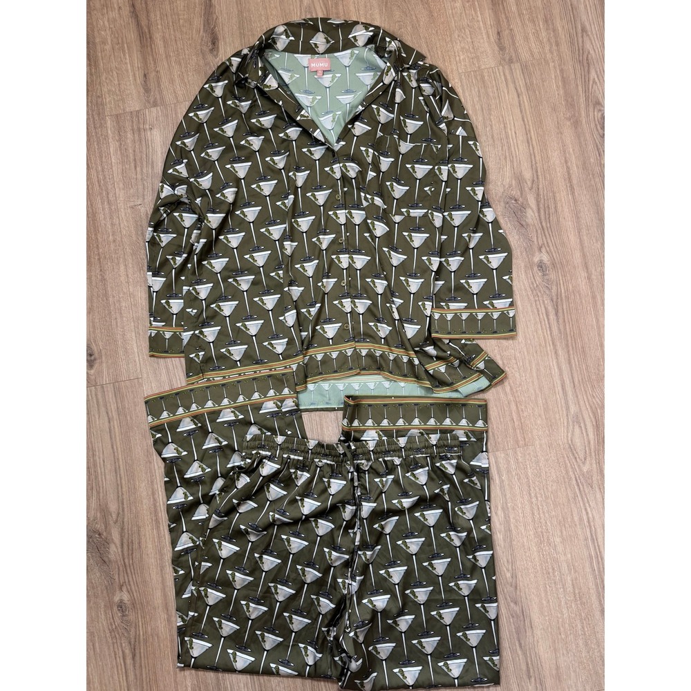 Show Me Your Mumu Martini Pajama Set Olive Green Long Sleeve Button Down XL - Picture 2 of 5